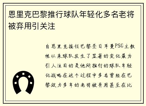 恩里克巴黎推行球队年轻化多名老将被弃用引关注 恩里克巴黎推行球队年轻化多名老将被弃用引关注